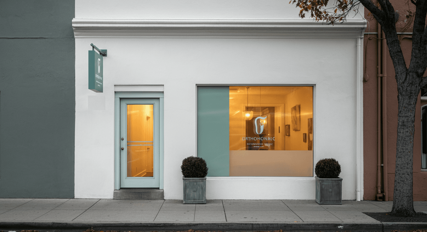 A small modern medspa storefront in mid-morning daylight, calm matte sage signage, warm interior light through the window.