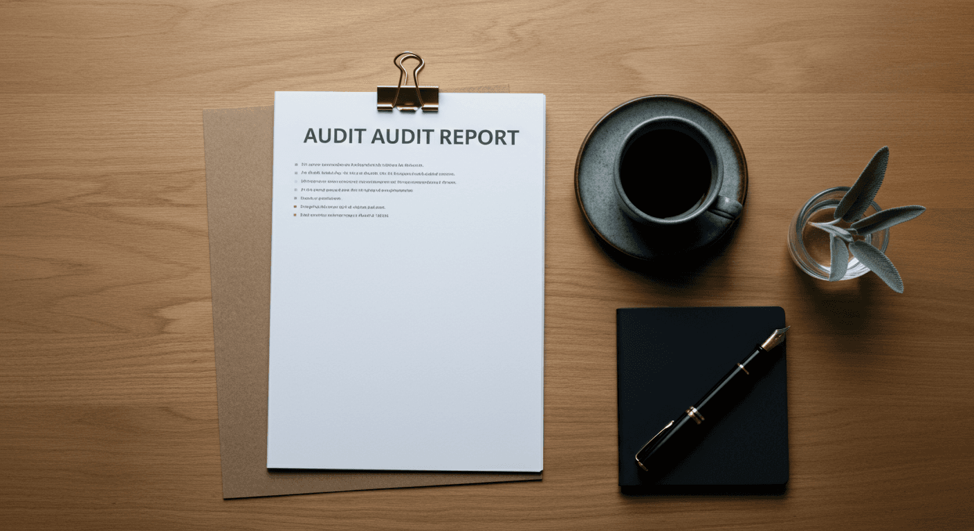 A printed audit report on a light-oak desk beside a black coffee cup, fountain pen, and a small sage-green leaf cutting in clear glass.