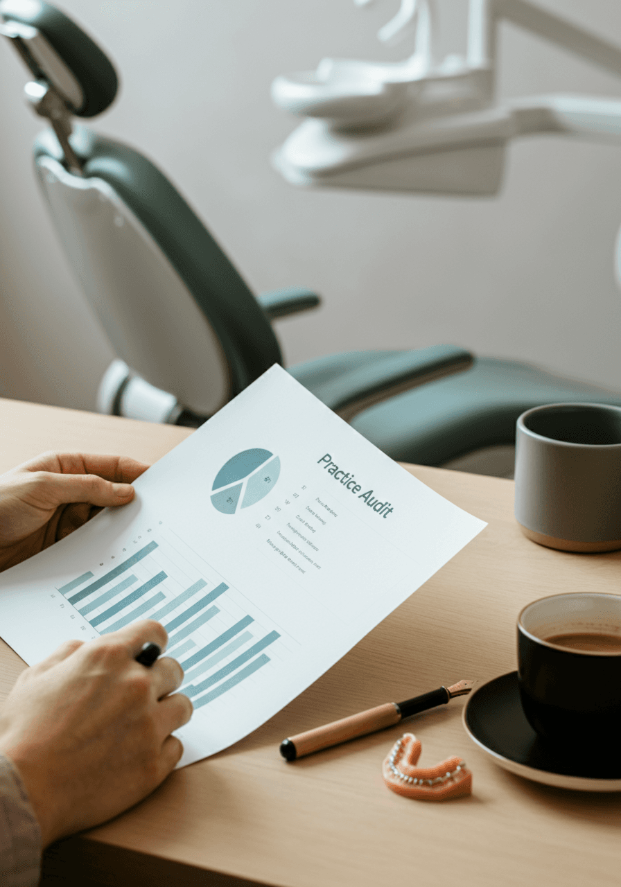 A printed practice-audit report on a clean light-oak desk beside a coffee cup and fountain pen, soft natural daylight from a window, an orthodontic operatory blurred in the background.